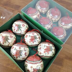 Decoupage Christmas Teddy Bear Ornament 3.5" Ball Paper Mache Retro Cottage 12pc
